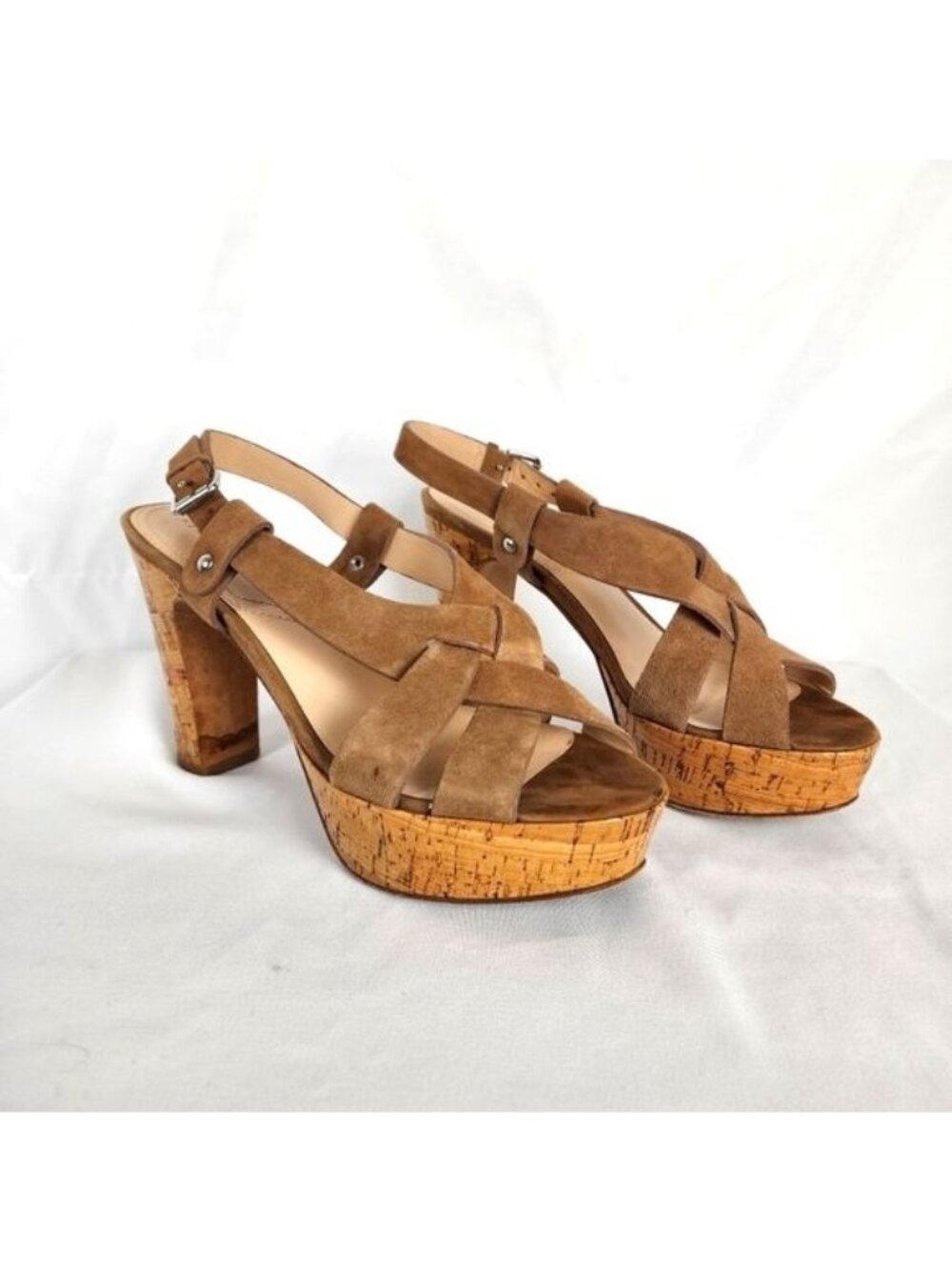Barneys New York Brown Suede Platform Sandals Ankle Strap Block Heel 7.5